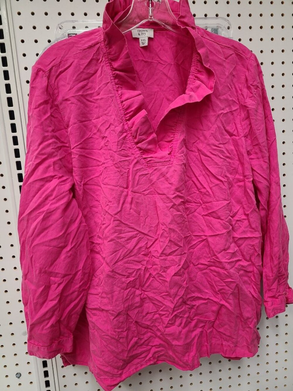 Crown & Ivy Womens Pink Ruffle V-Neck Long Sleeve Top XXL Lyocell